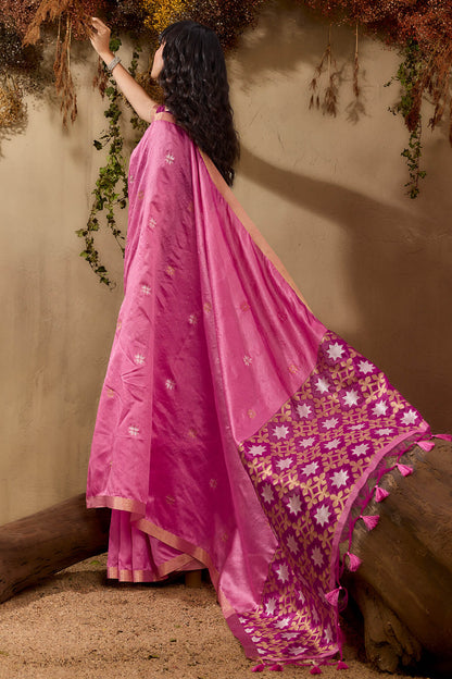 Epiphany Pink Pure Zari Weaving Banarasi Tussar Silk Saree With Beauteous Blouse Piece