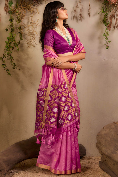 Epiphany Pink Pure Zari Weaving Banarasi Tussar Silk Saree With Beauteous Blouse Piece