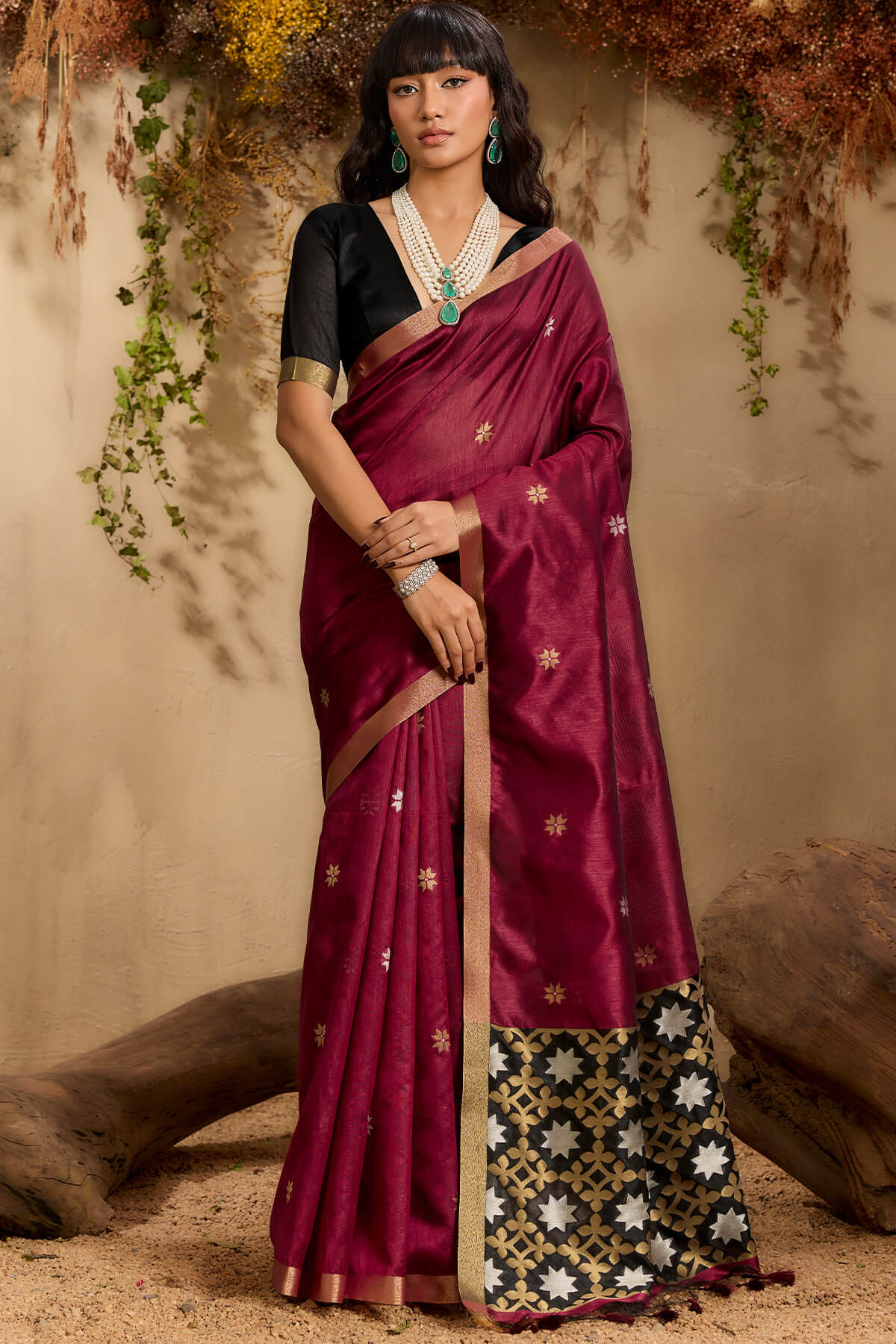 Unequalled Wine Pure Zari Weaving Banarasi Tussar Silk Saree With Quintessential Blouse Piece