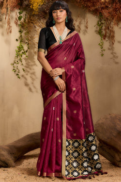 Unequalled Wine Pure Zari Weaving Banarasi Tussar Silk Saree With Quintessential Blouse Piece