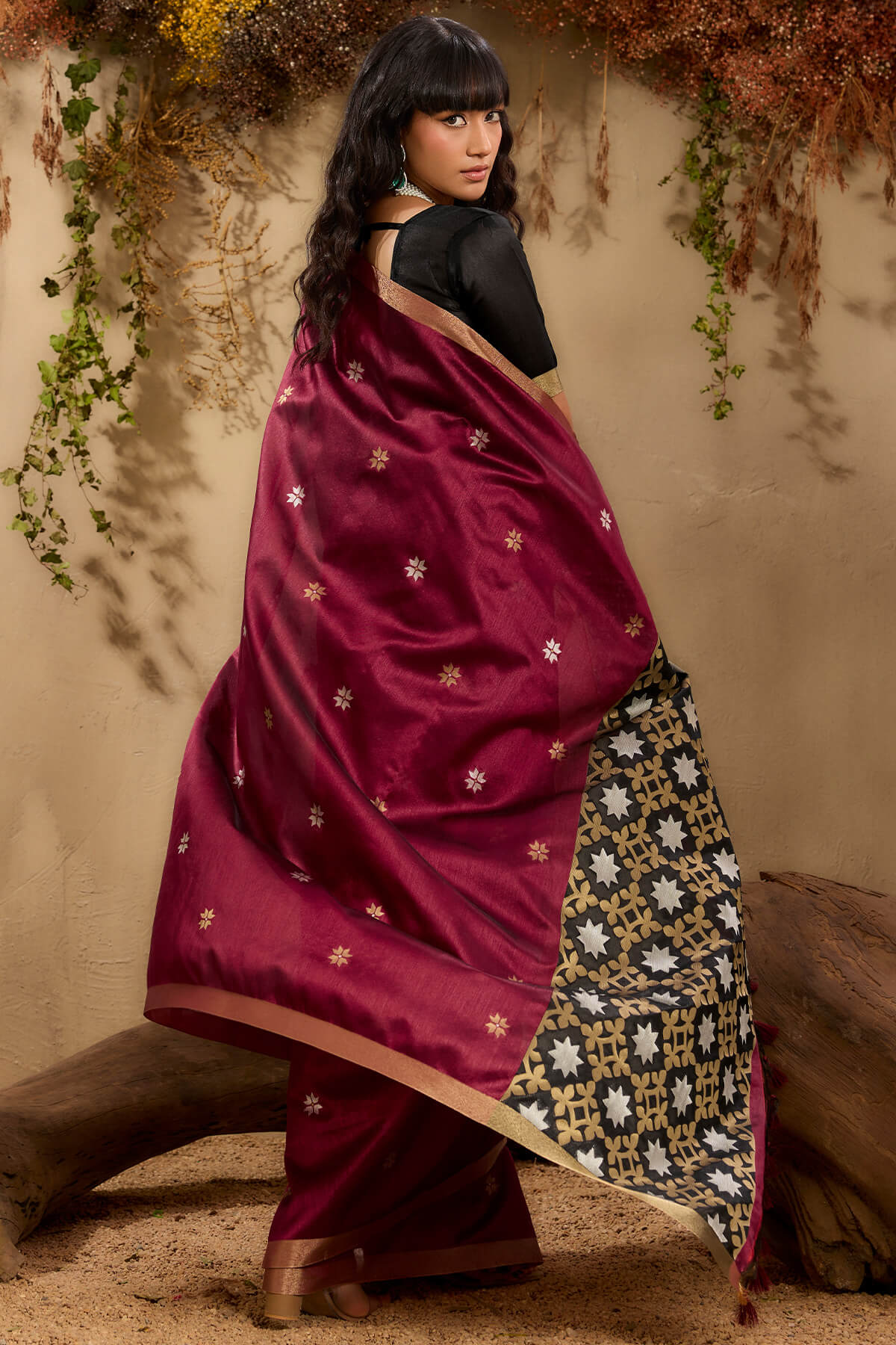 Unequalled Wine Pure Zari Weaving Banarasi Tussar Silk Saree With Quintessential Blouse Piece