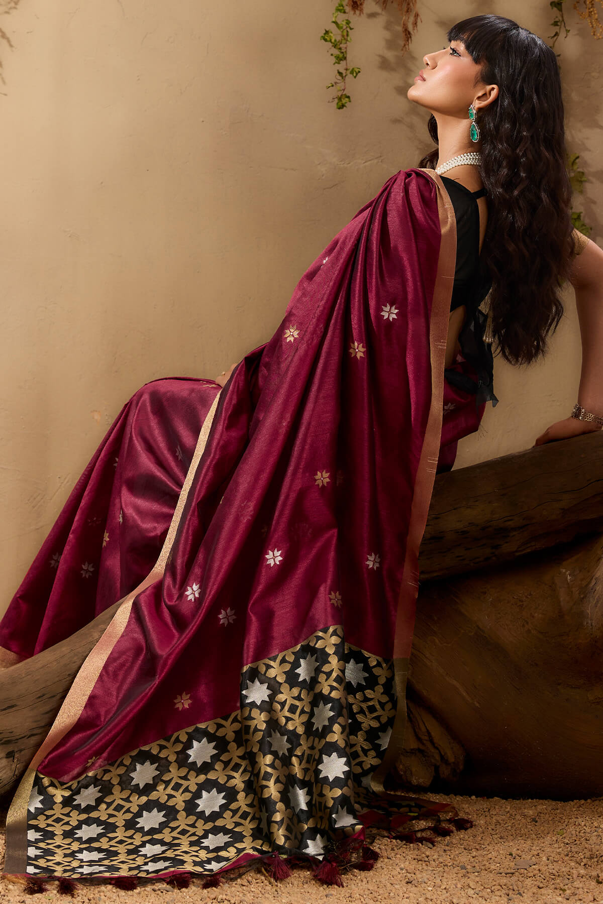 Unequalled Wine Pure Zari Weaving Banarasi Tussar Silk Saree With Quintessential Blouse Piece
