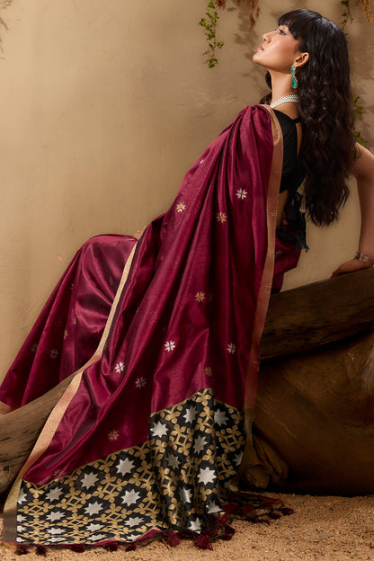 Unequalled Wine Pure Zari Weaving Banarasi Tussar Silk Saree With Quintessential Blouse Piece