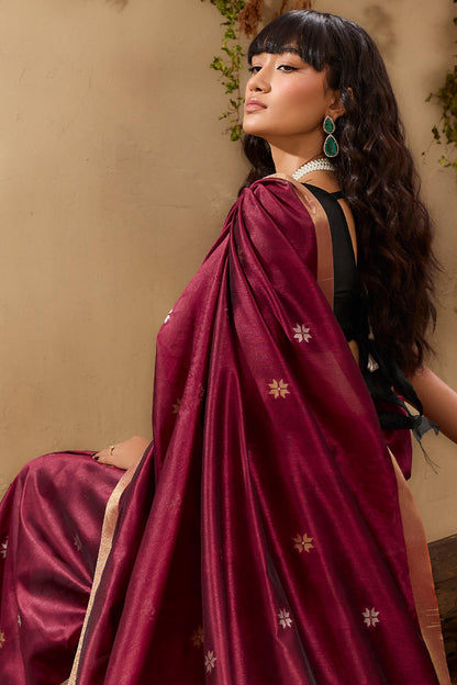 Unequalled Wine Pure Zari Weaving Banarasi Tussar Silk Saree With Quintessential Blouse Piece