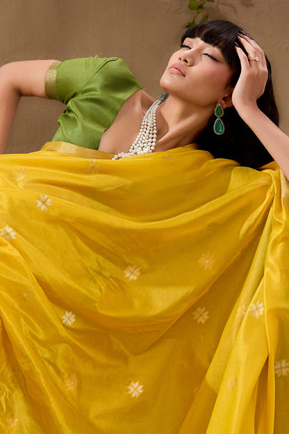 Entrancing Yellow Pure Zari Weaving Banarasi Tussar Silk Saree With Impressive Blouse Piece
