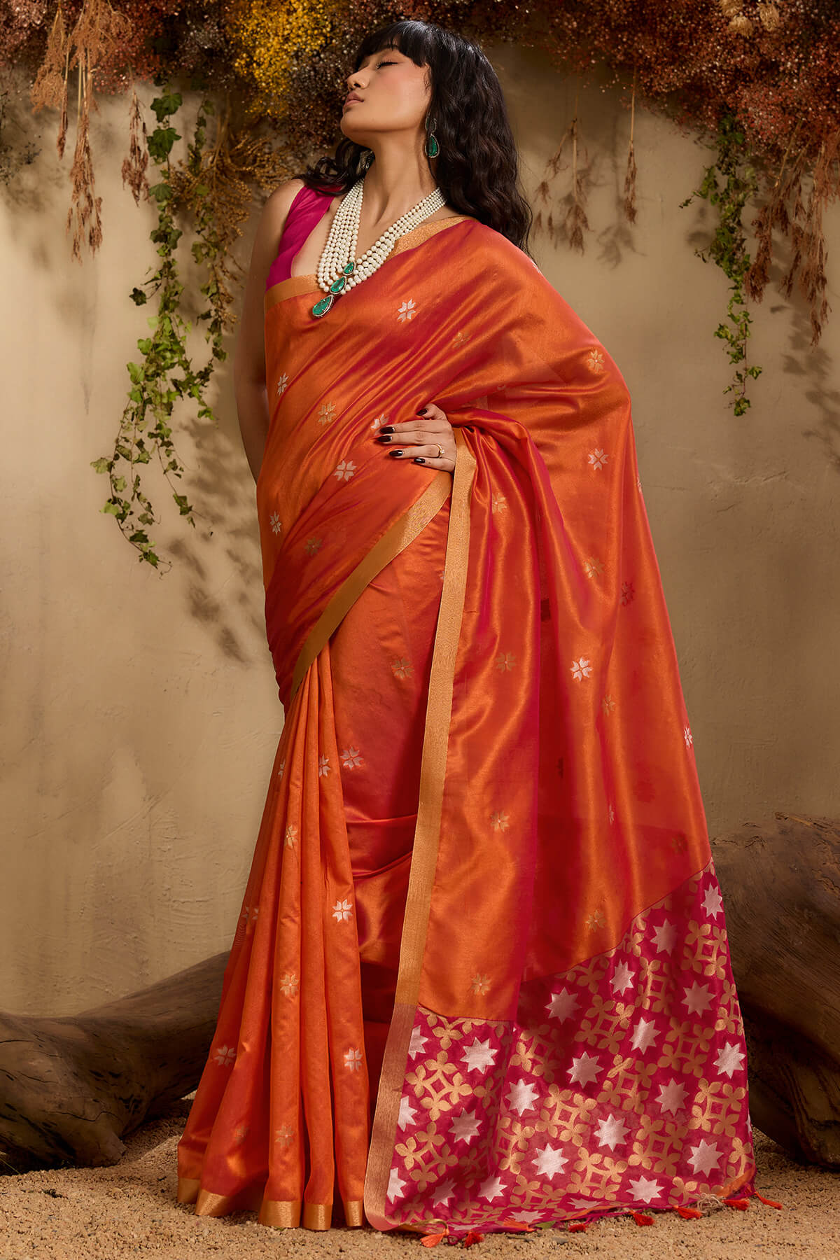 Imaginative Orange Pure Zari Weaving Banarasi Tussar Silk Saree With Admirable Blouse Piece