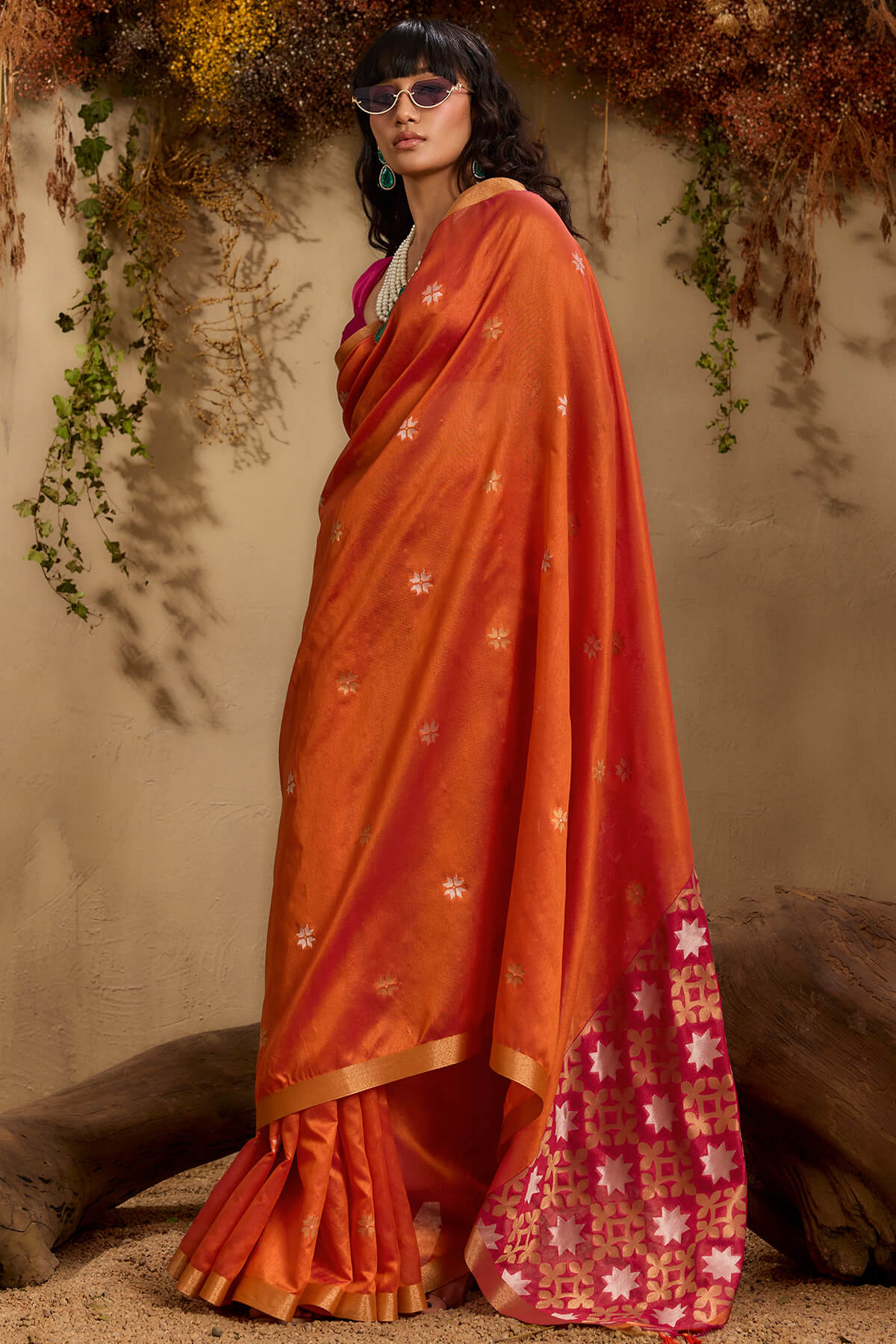 Imaginative Orange Pure Zari Weaving Banarasi Tussar Silk Saree With Admirable Blouse Piece