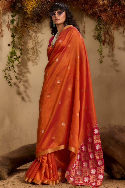 Imaginative Orange Pure Zari Weaving Banarasi Tussar Silk Saree With Admirable Blouse Piece