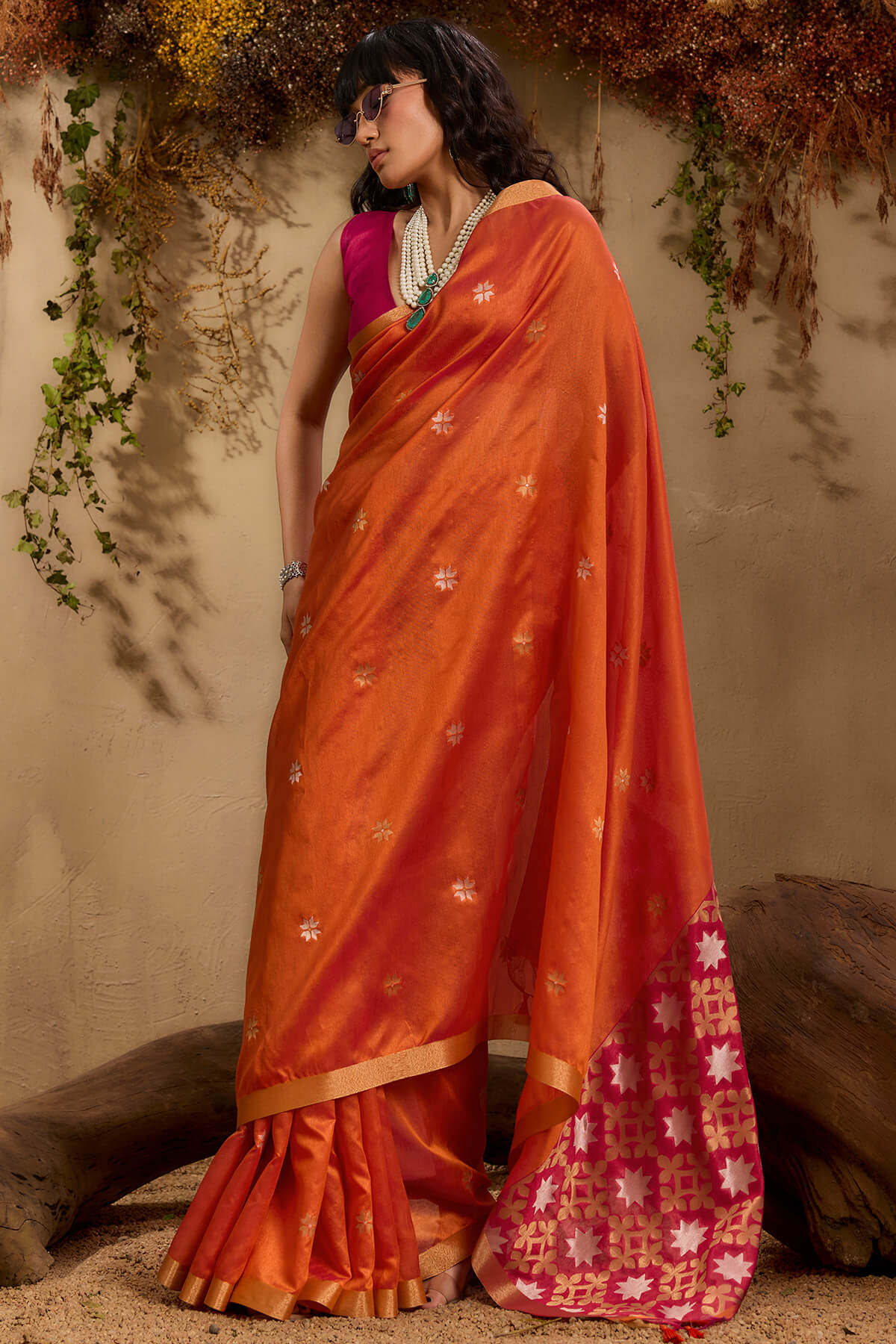 Imaginative Orange Pure Zari Weaving Banarasi Tussar Silk Saree With Admirable Blouse Piece