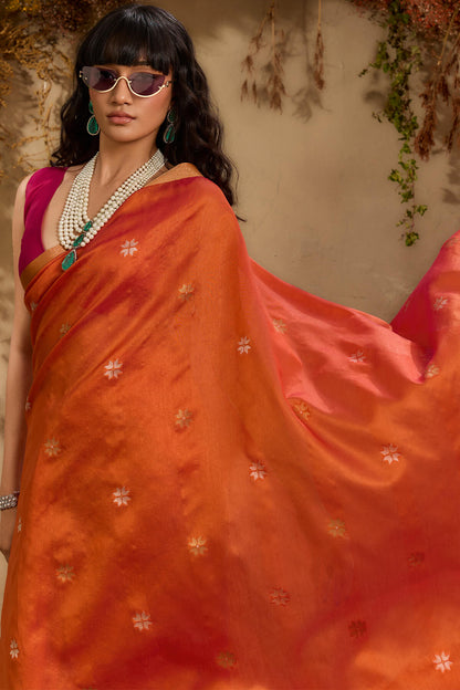 Imaginative Orange Pure Zari Weaving Banarasi Tussar Silk Saree With Admirable Blouse Piece