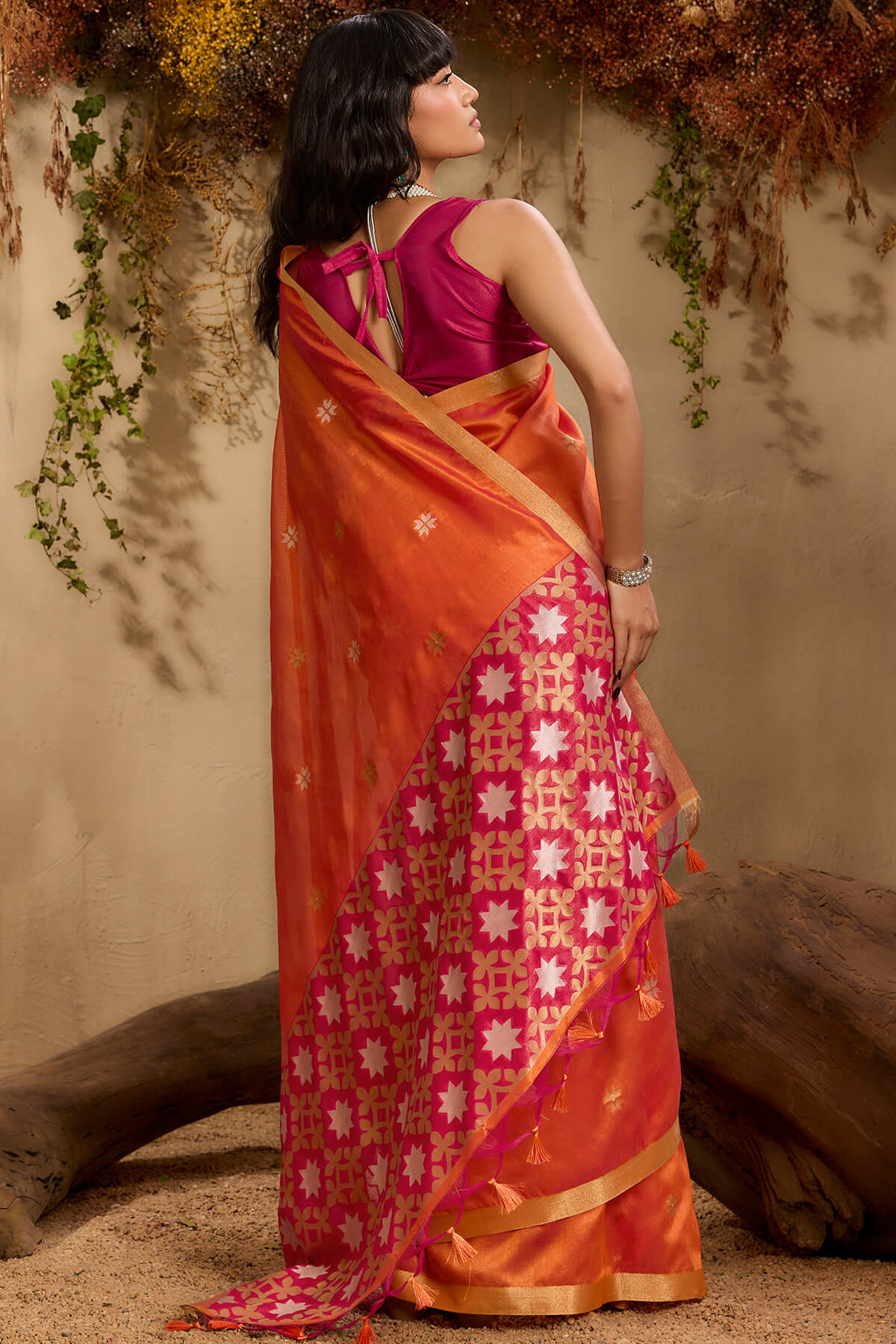 Imaginative Orange Pure Zari Weaving Banarasi Tussar Silk Saree With Admirable Blouse Piece