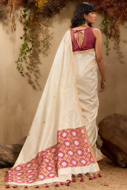 Enigmatic Beige Pure Zari Weaving Banarasi Tussar Silk Saree With Snappy Blouse Piece
