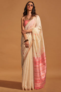 Classy Beige Soft Banarasi Silk Saree With Outstanding Blouse Piece