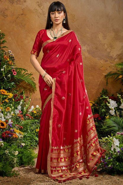 Ethnic Red Banarasi Tussar Silk Saree With Hypnotic Blouse Piece