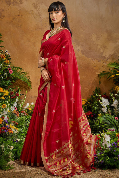 Ethnic Red Banarasi Tussar Silk Saree With Hypnotic Blouse Piece