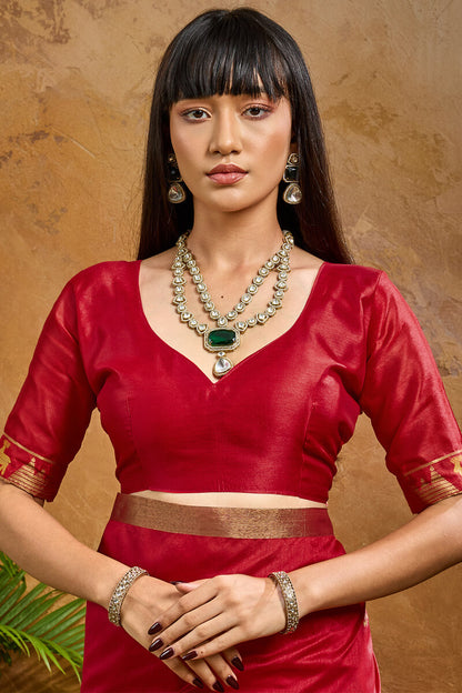 Ethnic Red Banarasi Tussar Silk Saree With Hypnotic Blouse Piece