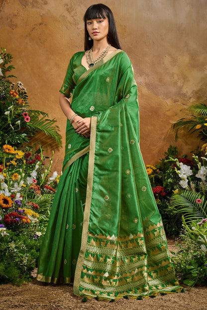 Traditional Green Banarasi Tussar Silk Saree With Glamorous Blouse Piece