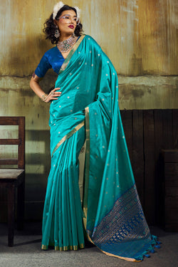 Marvellous Firozi Banarasi Handloom Silk Saree With Gratifying Blouse Piece