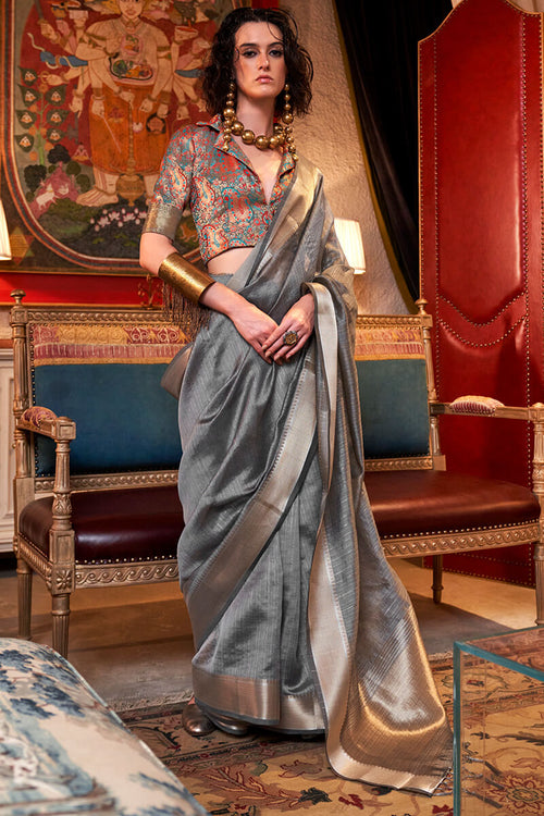 Load image into Gallery viewer, Eloquence Grey Soft Banarasi Silk Saree With Mellifluous Blouse Piece
