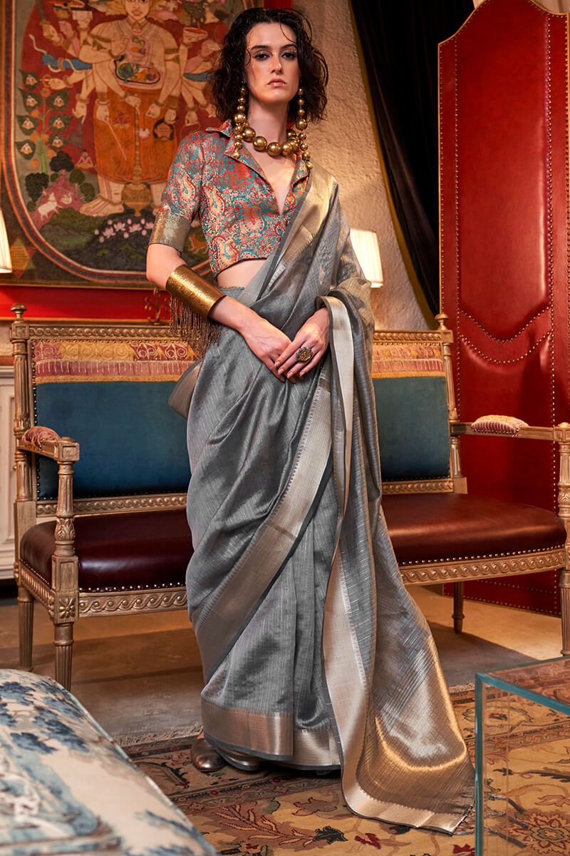 Eloquence Grey Soft Banarasi Silk Saree With Mellifluous Blouse Piece