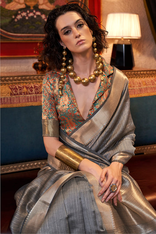 Load image into Gallery viewer, Eloquence Grey Soft Banarasi Silk Saree With Mellifluous Blouse Piece
