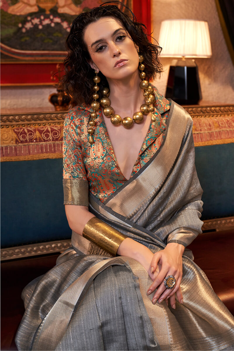 Eloquence Grey Soft Banarasi Silk Saree With Mellifluous Blouse Piece