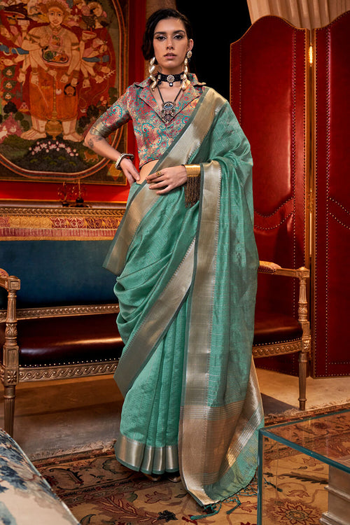 Load image into Gallery viewer, Confounding Sea Green Soft Banarasi Silk Saree With Fantabulous Blouse Piece
