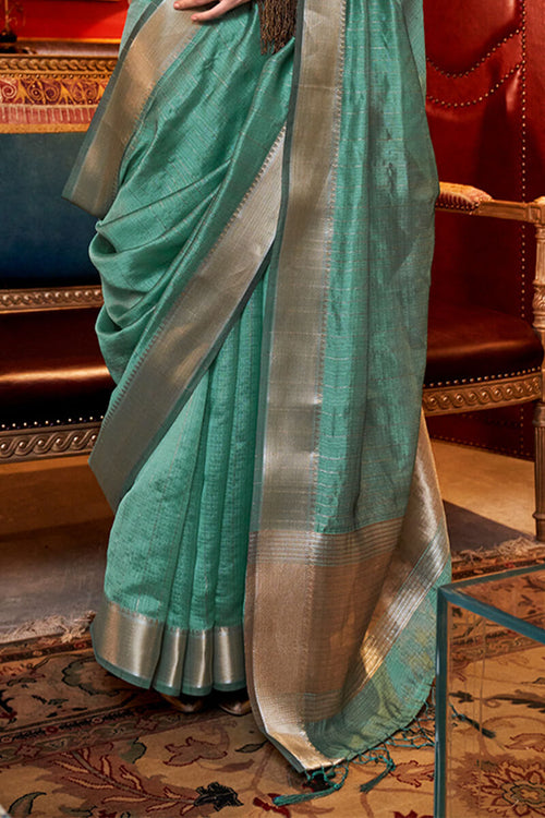 Load image into Gallery viewer, Confounding Sea Green Soft Banarasi Silk Saree With Fantabulous Blouse Piece
