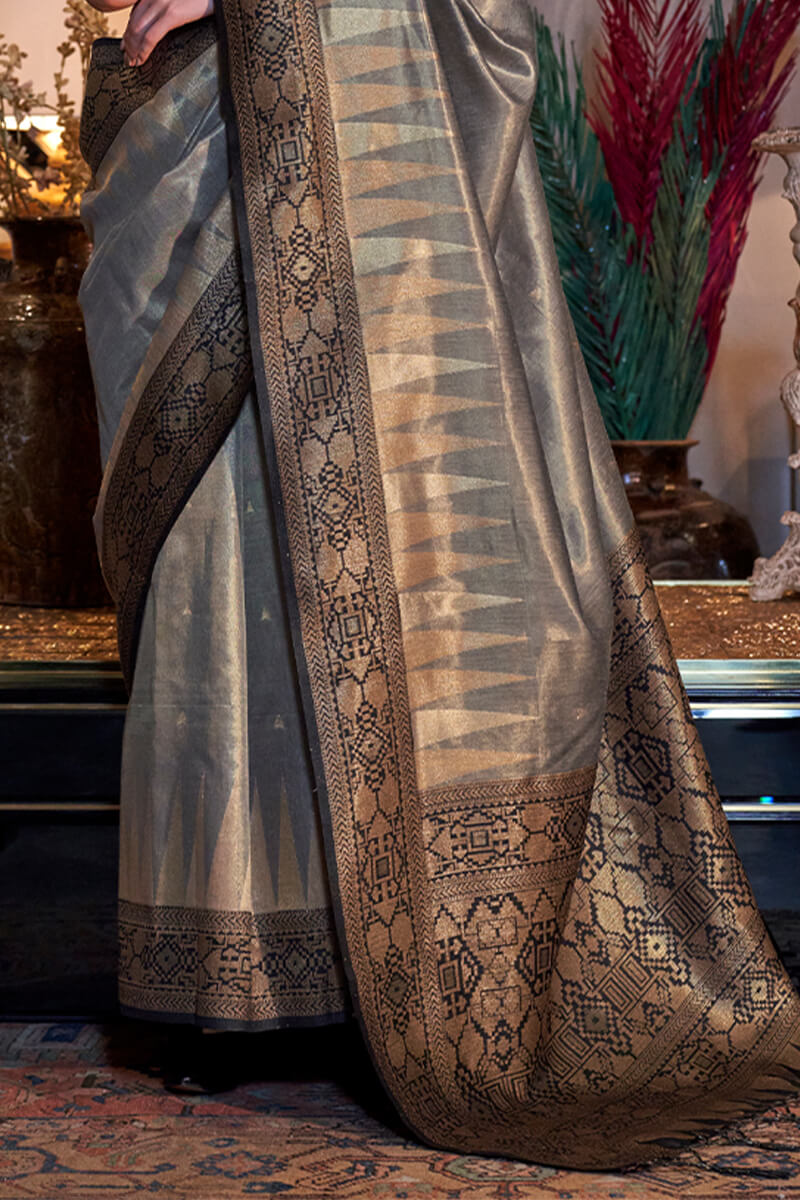 Gleaming Grey Soft Banarasi Silk Saree With Gorgeous Blouse Piece