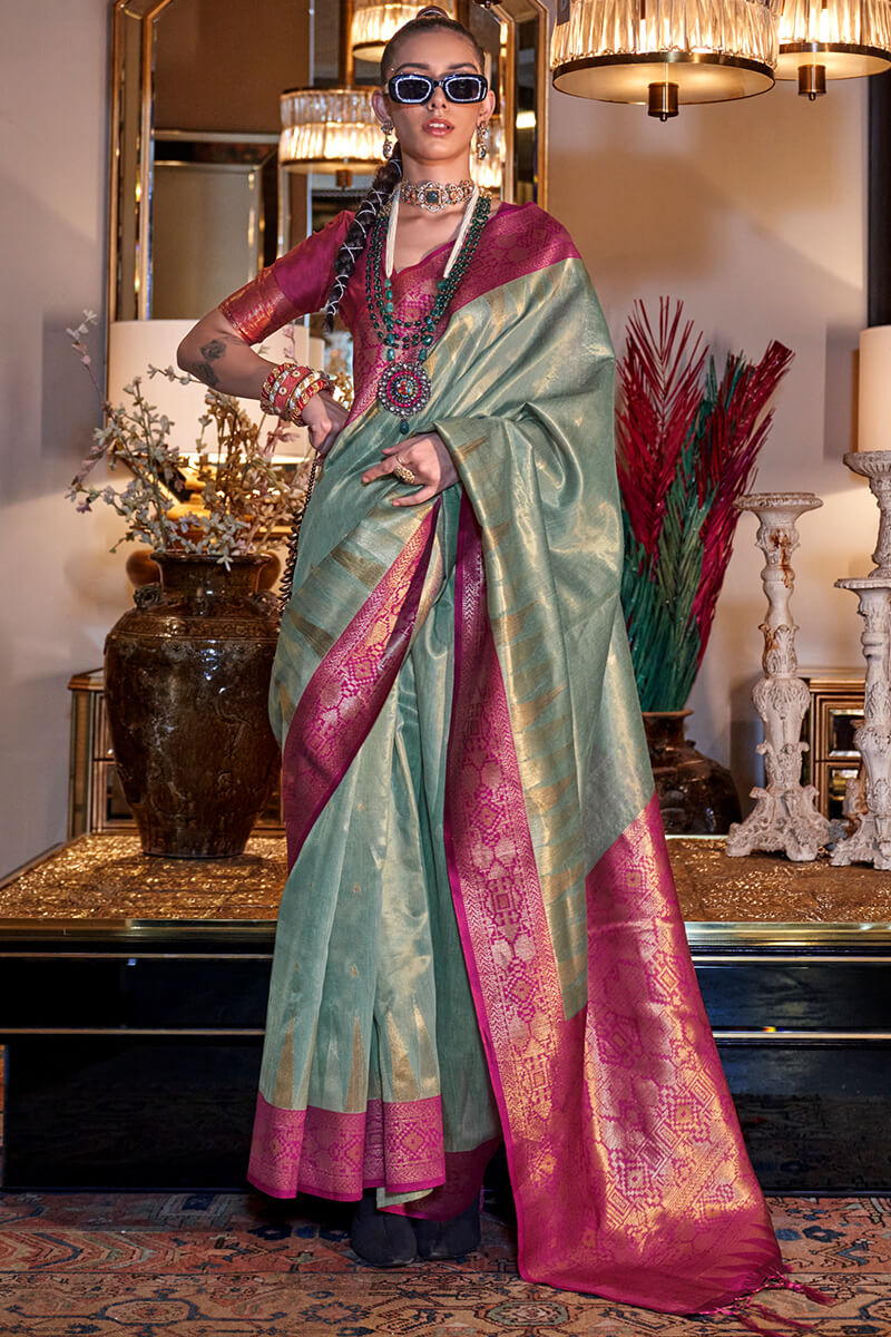 Radiant Sea Green Soft Banarasi Silk Saree With Preferable Blouse Piece