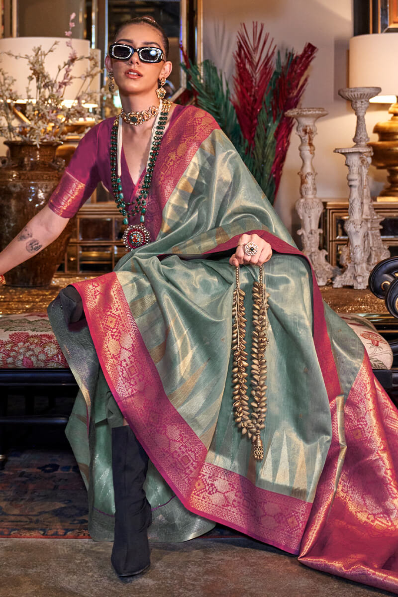 Radiant Sea Green Soft Banarasi Silk Saree With Preferable Blouse Piece