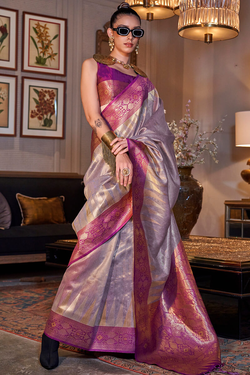 Stunner Lavender Soft Banarasi Silk Saree With Ailurophile Blouse Piece