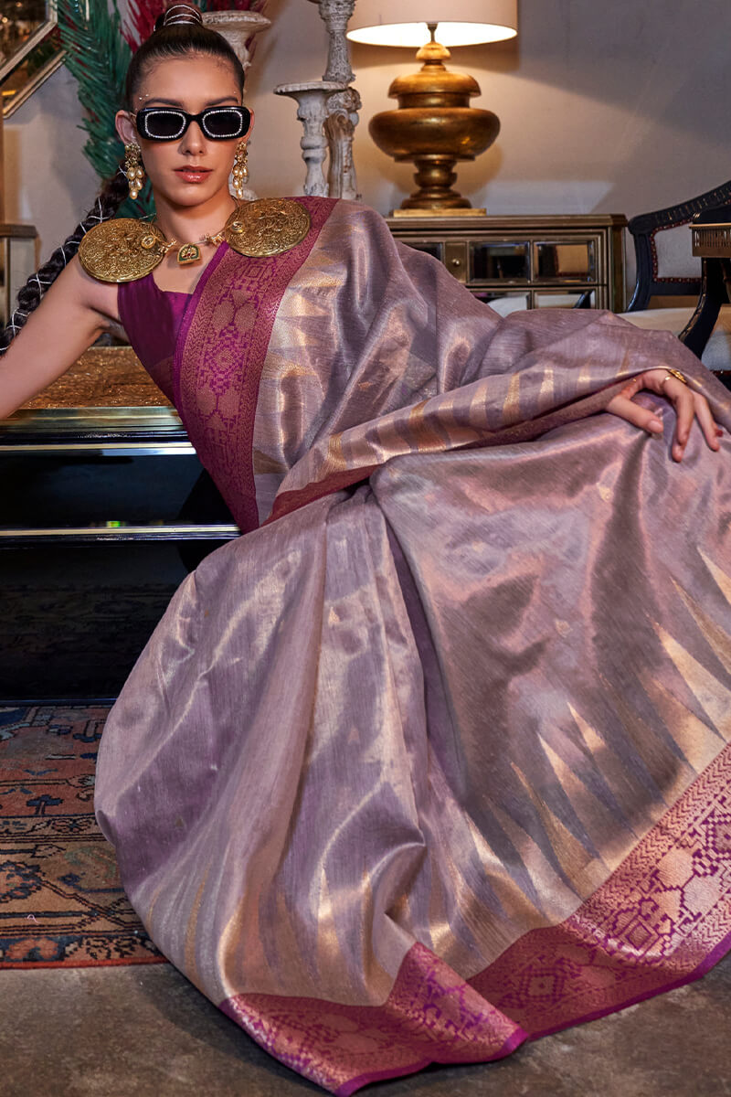 Stunner Lavender Soft Banarasi Silk Saree With Ailurophile Blouse Piece