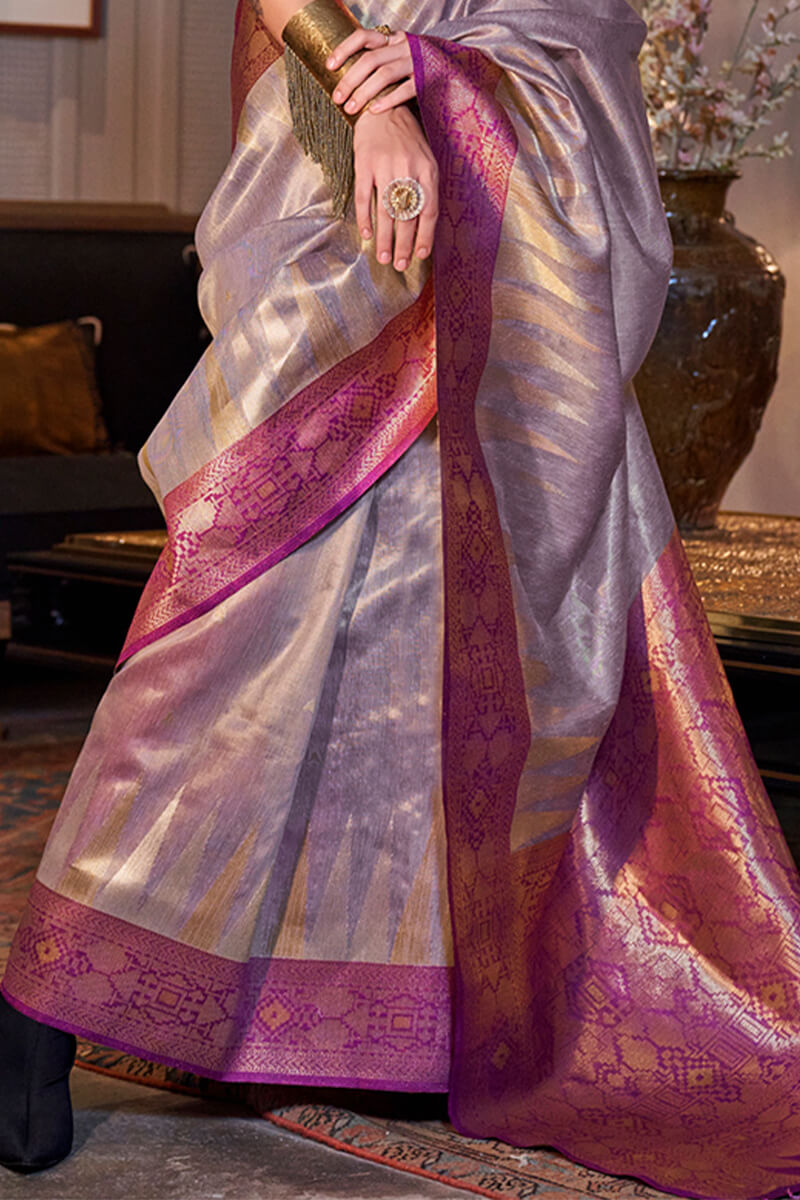 Stunner Lavender Soft Banarasi Silk Saree With Ailurophile Blouse Piece