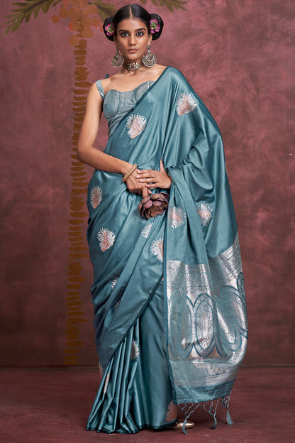 Ethereal Blue Banarasi Satin Silk Saree With Tempting Blouse