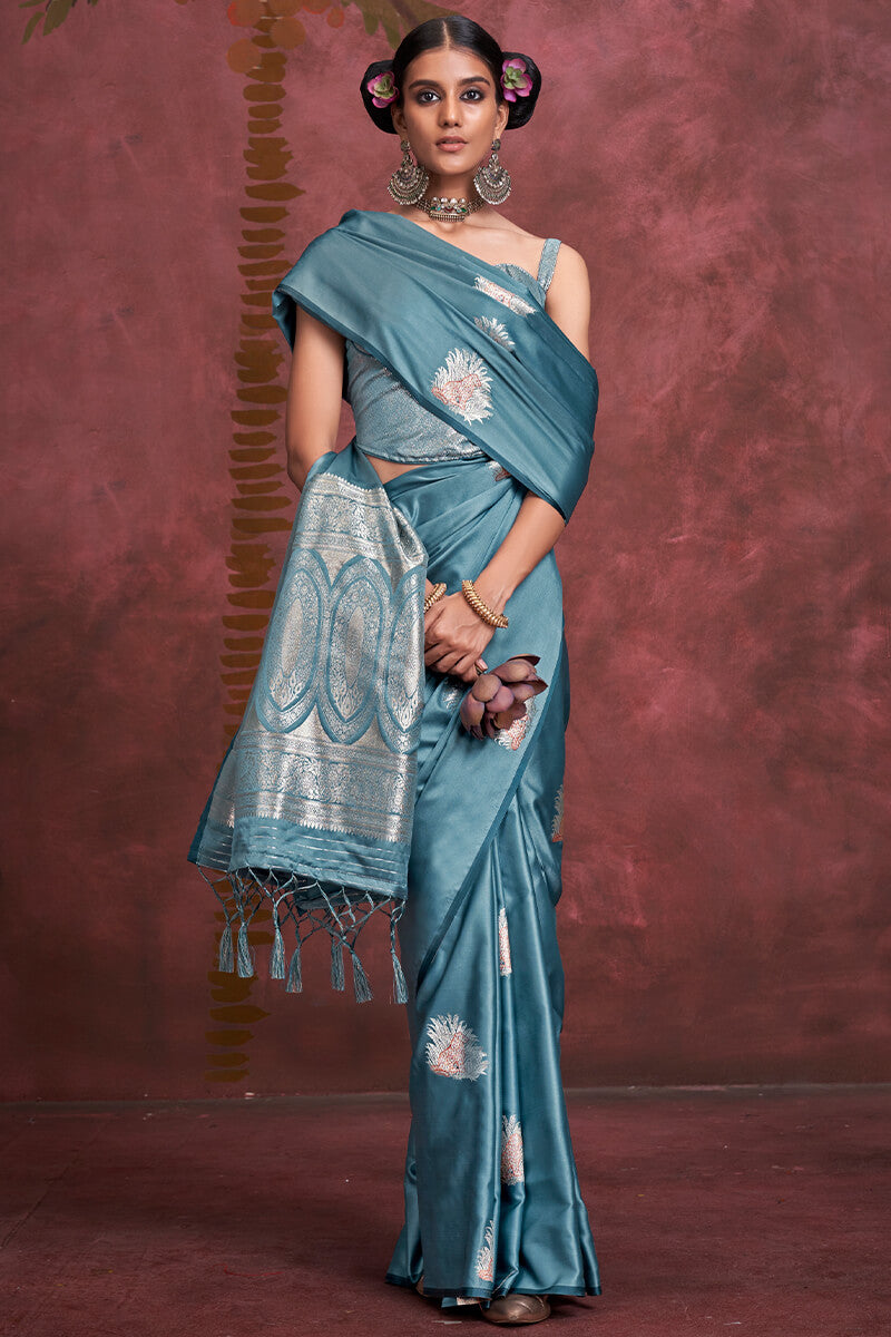 Ethereal Blue Banarasi Satin Silk Saree With Tempting Blouse