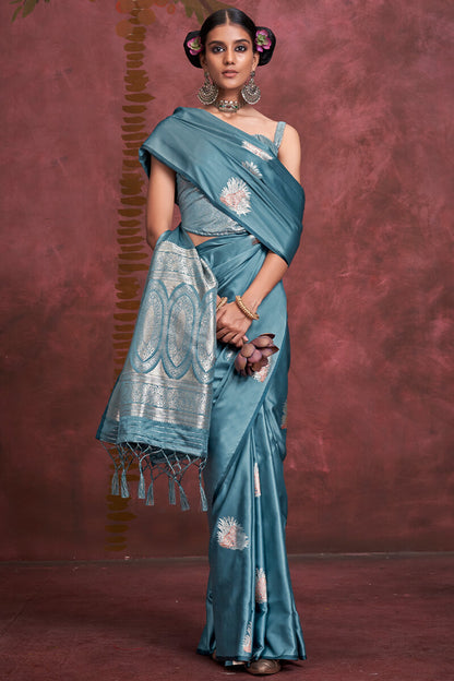 Ethereal Blue Banarasi Satin Silk Saree With Tempting Blouse