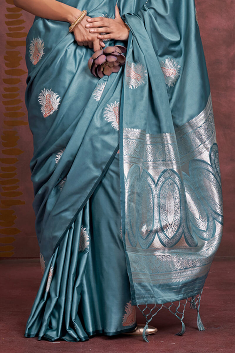 Ethereal Blue Banarasi Satin Silk Saree With Tempting Blouse