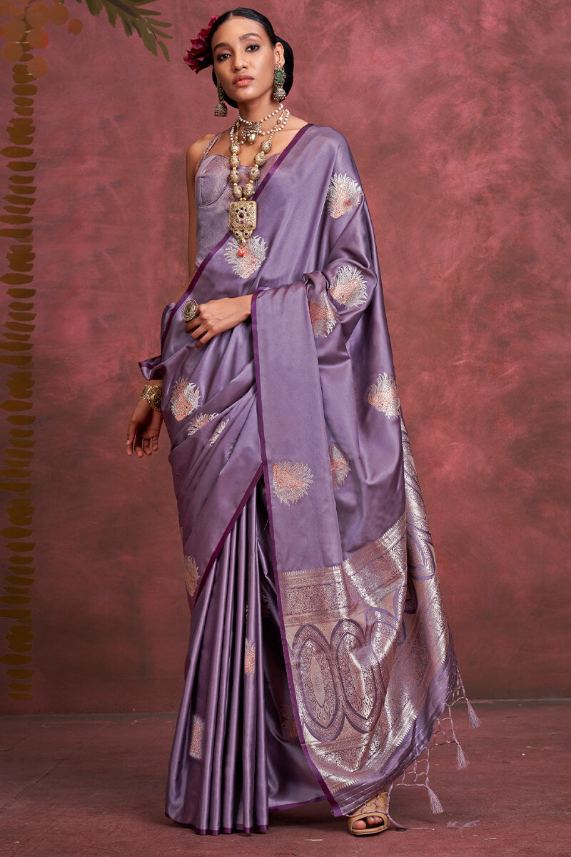 Glorious Lavender Banarasi Satin Silk Saree With Ratatouille Blouse