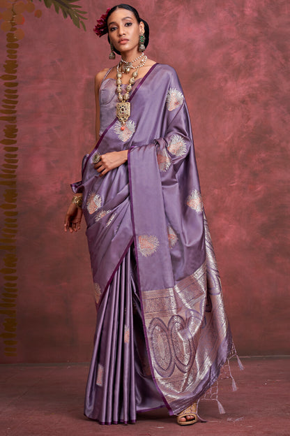 Glorious Lavender Banarasi Satin Silk Saree With Ratatouille Blouse