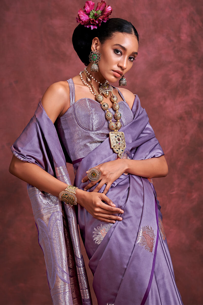 Glorious Lavender Banarasi Satin Silk Saree With Ratatouille Blouse