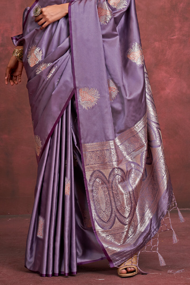 Glorious Lavender Banarasi Satin Silk Saree With Ratatouille Blouse