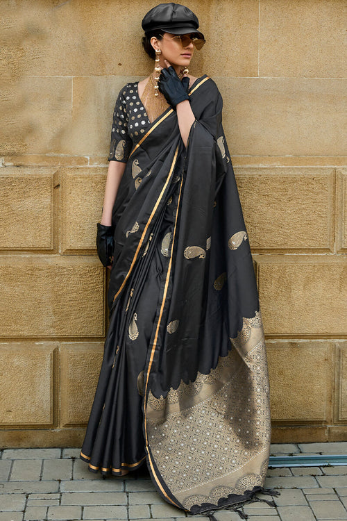 Load image into Gallery viewer, Sizzling Black Banarasi Satin Silk Saree With Innovative Blouse
