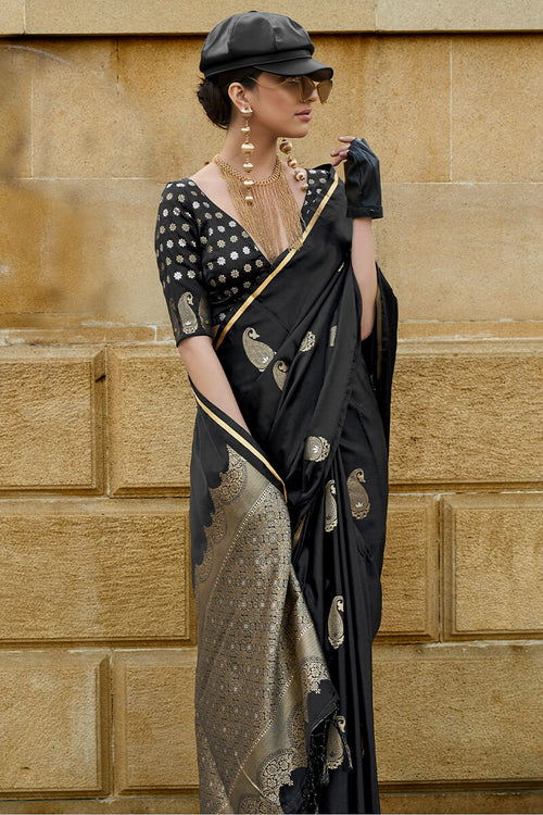 Load image into Gallery viewer, Sizzling Black Banarasi Satin Silk Saree With Innovative Blouse
