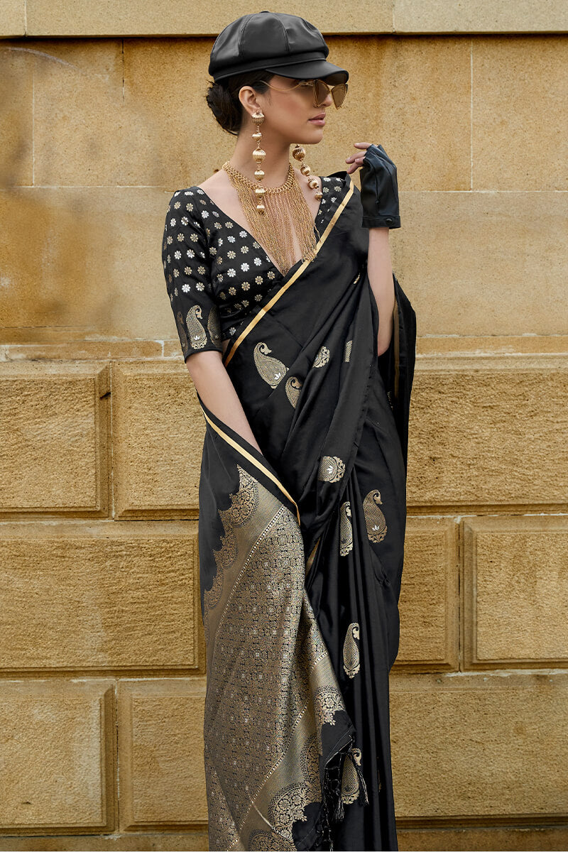 Sizzling Black Banarasi Satin Silk Saree With Innovative Blouse