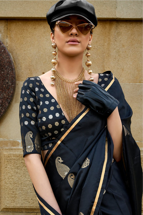 Load image into Gallery viewer, Sizzling Black Banarasi Satin Silk Saree With Innovative Blouse
