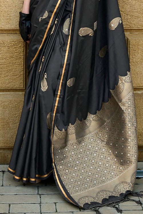 Load image into Gallery viewer, Sizzling Black Banarasi Satin Silk Saree With Innovative Blouse
