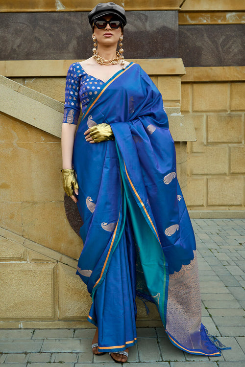 Load image into Gallery viewer, Flattering Blue Banarasi Satin Silk Saree With Adorning Blouse
