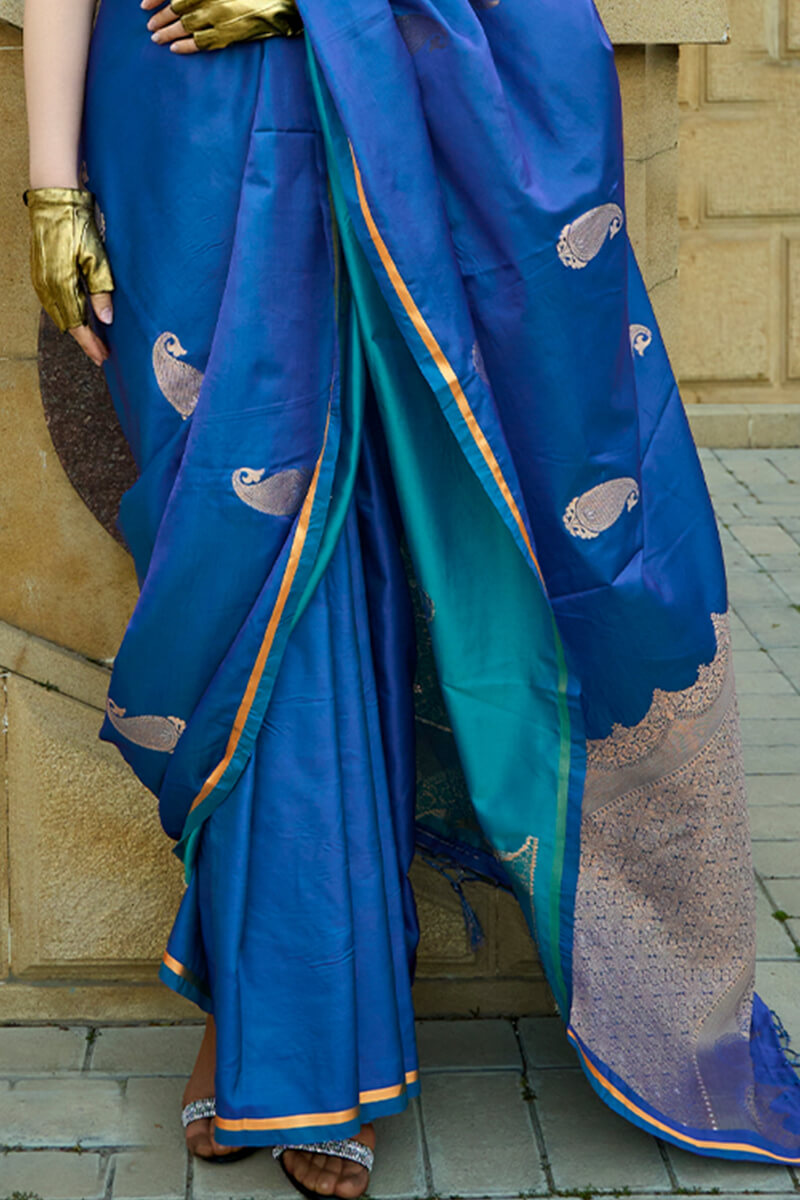 Flattering Blue Banarasi Satin Silk Saree With Adorning Blouse