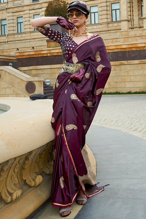 Load image into Gallery viewer, Beautiful Wine Banarasi Satin Silk Saree With Desiring Blouse
